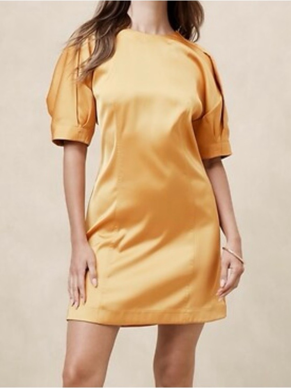Banana Republic Gold Satin Shift Dress Womens Size 8 Short Sleeve Zip Round